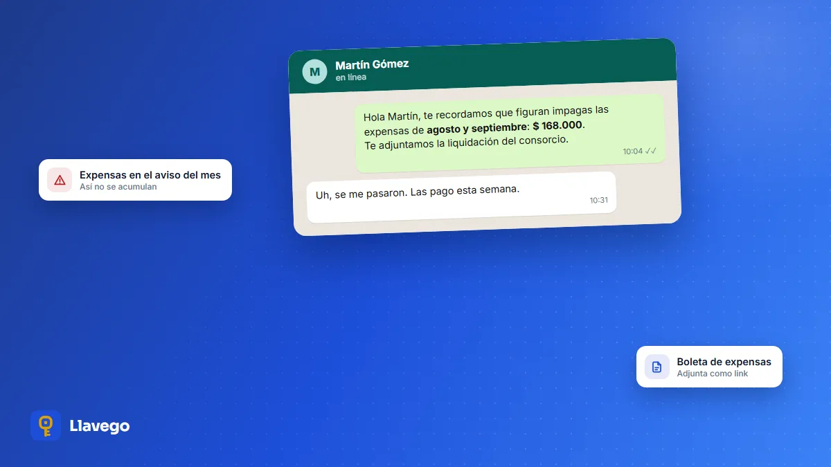 Aviso de WhatsApp que reclama expensas adeudadas de dos meses con la boleta adjunta