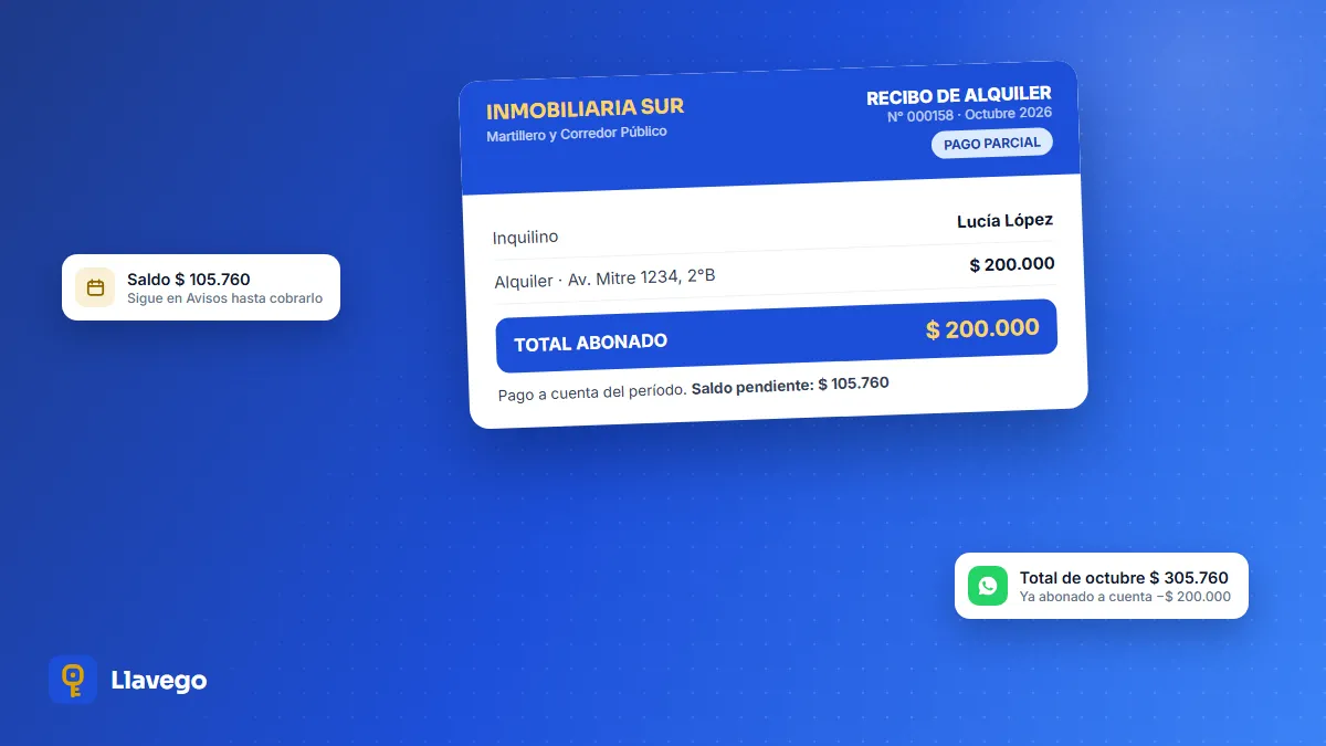 Recibo de alquiler marcado como pago parcial con el saldo pendiente destacado