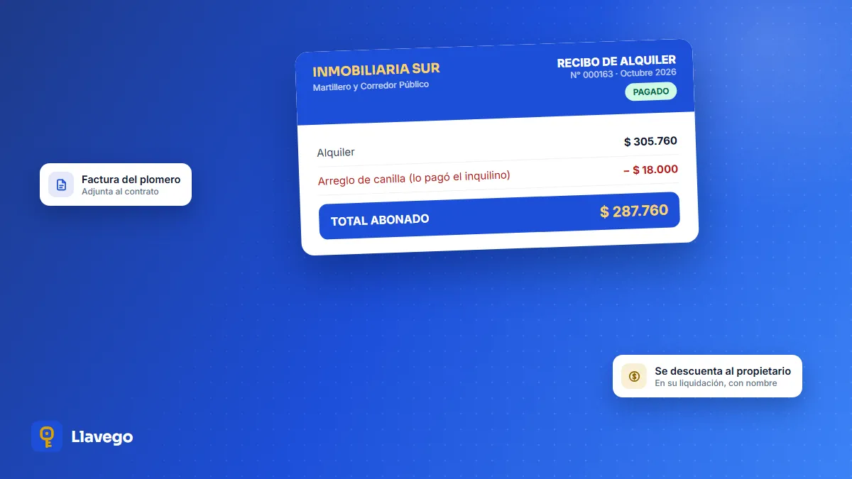 Recibo de alquiler con el arreglo de plomería que pagó el inquilino descontado del total