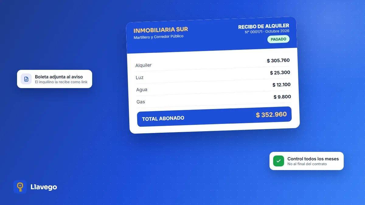 Recibo de alquiler con el agua, la luz y el gas cobrados junto con el alquiler del mes
